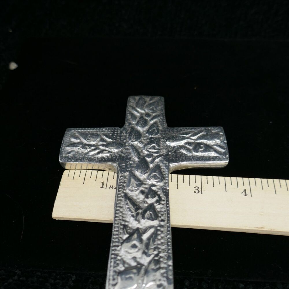 Polished Cast Pewter Wall Cross Embossed Leaves Flames 5 inch - Picture 6 of 6